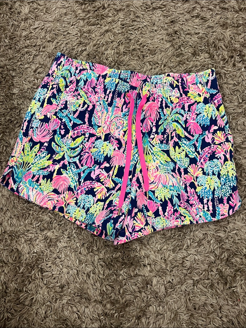 Lilly Pulitzer Navy Tropical Floral Athletic Shorts with Neon Pink Drawstring